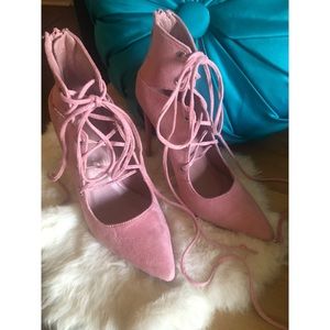 Barbie pink Herstyle Roebelle style faux suede lace up heel